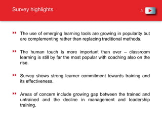 Survey highlightsThe use of emerging learning tools are growing in popularity but are complementing rather than replacing traditional methods.The human touch is more important than ever – classroom learning is still by far the most popular with coaching also on the rise.Survey shows strong learner commitment towards training and its effectiveness.Areas of concern include growing gap between the trained and untrained and the decline in management and leadership training. 