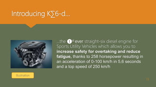 Introducing K∑6-d…
…the ❶st ever straight-six diesel engine for
Sports Utility Vehicles which allows you to
increase safety for overtaking and reduce
fatigue, thanks to 258 horsepower resulting in
an acceleration of 0-100 km/h in 5,6 seconds
and a top speed of 250 km/h
13
Illustration
 