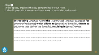 16
Step ❶
In this space, organise the key components of your Pitch.
It should generate a simple sentence, easy to memorise and repeat.
Introducing [product name] the [superlative] [product category] for
[frame of reference] which allows to [prioritised benefits], thanks to
[features that deliver the benefits], resulting in [proof /effect]
………………………………………………………………………………………………
………………………………………………………………………………………………
………………………………………………………………………………………………
…………………………………………………………
 