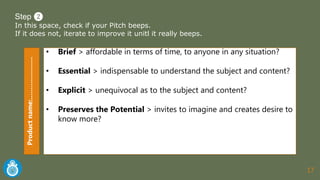17
Step ❷
In this space, check if your Pitch beeps.
If it does not, iterate to improve it unitl it really beeps.
• Brief > affordable in terms of time, to anyone in any situation?
• Essential > indispensable to understand the subject and content?
• Explicit > unequivocal as to the subject and content?
• Preserves the Potential > invites to imagine and creates desire to
know more?
Productname:…………………
 