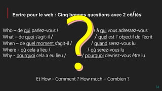 Ecrire pour le web : Cinq bonnes questions avec 2 cô/tés
Who – de qui parlez-vous / / à qui vous adressez-vous
What – de quoi s’agit-il / / quel est l’ objectif de l’écrit
When – de quel moment s’agit-il / / quand serez-vous lu
Where - où cela a lieu / / où serez-vous lu
Why - pourquoi cela a eu lieu / / pourquoi devriez-vous être lu
Et How - Comment ? How much – Combien ?
14
 