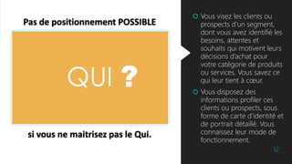 Pas de positionnement POSSIBLE
si vous ne maitrisez pas le Qui.
12
 Vous visez les clients ou
prospects d’un segment,
dont vous avez identifié les
besoins, attentes et
souhaits qui motivent leurs
décisions d’achat pour
votre catégorie de produits
ou services. Vous savez ce
qui leur tient à cœur.
 Vous disposez des
informations profiler ces
clients ou prospects, sous
forme de carte d’identité et
de portrait détaillé. Vous
connaissez leur mode de
fonctionnement.
?
 