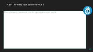 19
Dans cet espace, vous pouvez noter les réponses pour votre société -
1. A qui (ils/elles) vous adressez-vous ?
 