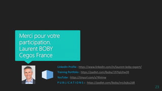 Merci pour votre
participation.
Laurent BOBY
Cegos France
23
LinkedIn Profile : https://www.linkedin.com/in/laurent-boby-expert/
Training Portfolio : https://padlet.com/lboby/197lqlzltw39
YouTube : https://tinyurl.com/y74lntnw
P U B L I C A T I O N S : : https://padlet.com/lboby/nry3xjku2d8
 