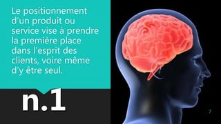 Le positionnement
d’un produit ou
service vise à prendre
la première place
dans l’esprit des
clients, voire même
d’y être seul.
7
 
