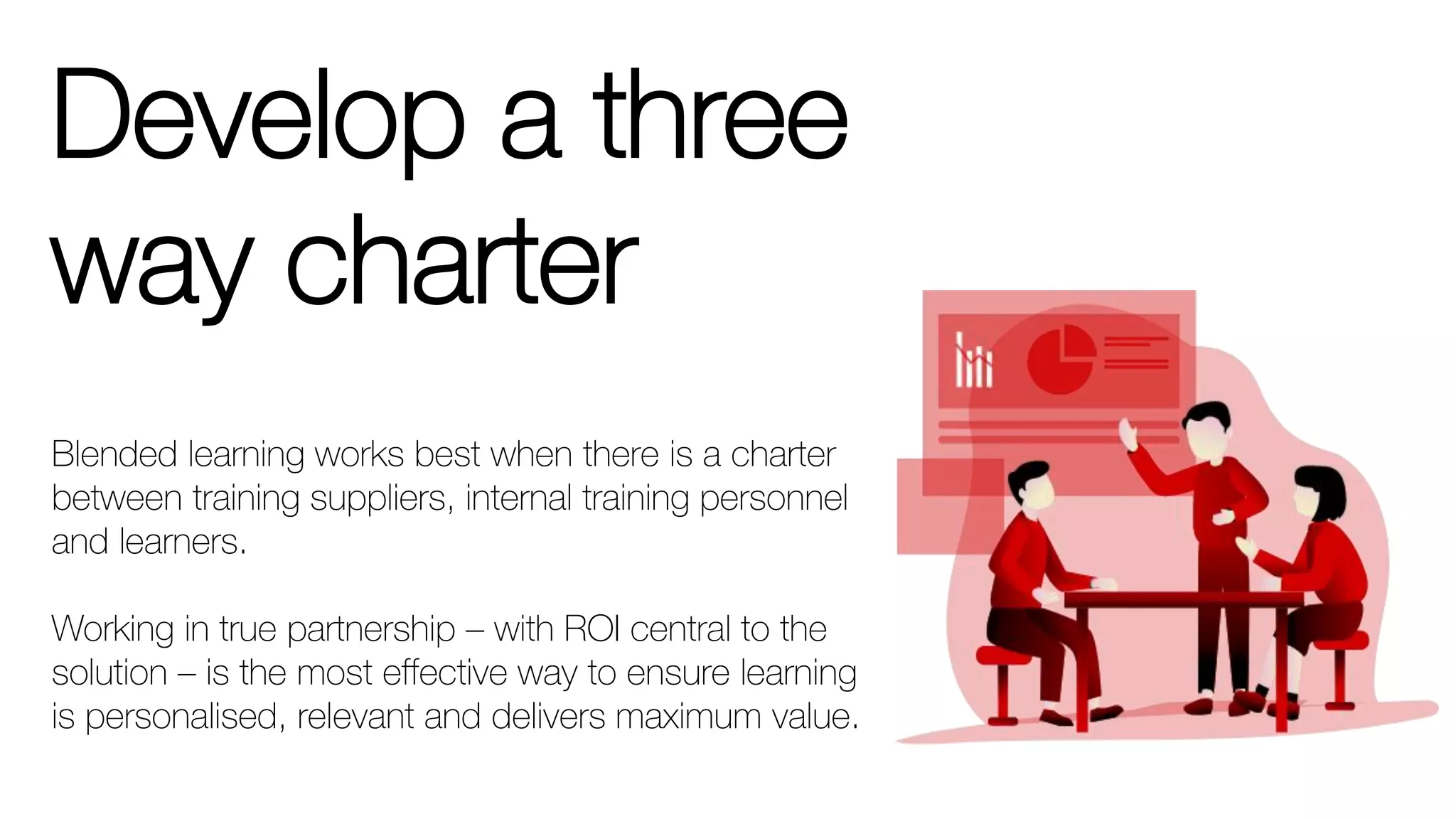 Develop a three
way charter
Blended learning works best when there is a charter
between training suppliers, internal training personnel
and learners.
Working in true partnership – with ROI central to the
solution – is the most effective way to ensure learning
is personalised, relevant and delivers maximum value.
 