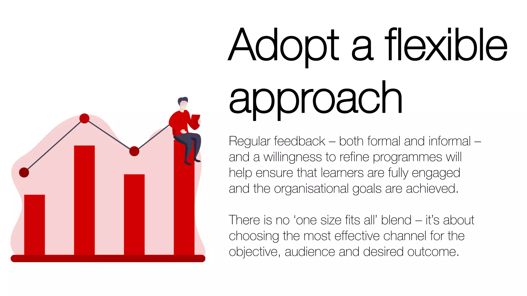 Adopt a flexible
approach
Regular feedback – both formal and informal –
and a willingness to refine programmes will
help ensure that learners are fully engaged
and the organisational goals are achieved.
There is no ‘one size fits all’ blend – it’s about
choosing the most effective channel for the
objective, audience and desired outcome.
 