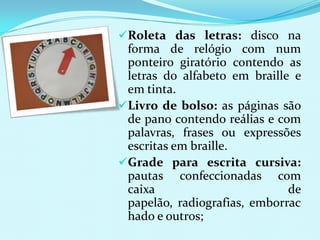 Roleta das letras: disco na
 forma de relógio com num
 ponteiro giratório contendo as
 letras do alfabeto em braille e
 em tinta.
Livro de bolso: as páginas são
 de pano contendo reálias e com
 palavras, frases ou expressões
 escritas em braille.
Grade para escrita cursiva:
 pautas confeccionadas com
 caixa                        de
 papelão, radiografias, emborrac
 hado e outros;
 