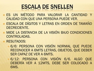 ESCALA DE SNELLEN
 ES UN MÉTODO PARA VALORAR LA CANTIDAD Y
CALIDAD CON QUE UNA PERSONA PUEDE VER.
 ESCALA DE DÍGITOS Y LETRAS EN ORDEN DE TAMAÑO
DECRECIENTE.
 MIDE LA DISTANCIA DE LA VISIÓN BAJO CONDICIONES
CONTROLADAS.
 RESUTADOS:
 6/6: PERSONA CON VISIÓN NORMAL QUE PUEDE
RECONOCER A 6MTS LETRAS, OBJETOS, QUE DEBER
SER CAPAZ DE VER A 6MTS.
 6/12: PERSONA CON VISIÓN 6/6. ALGO QUE
DEBERÍA VER A 12MTS, DEBE SER COLOCADO A
6MS.
 