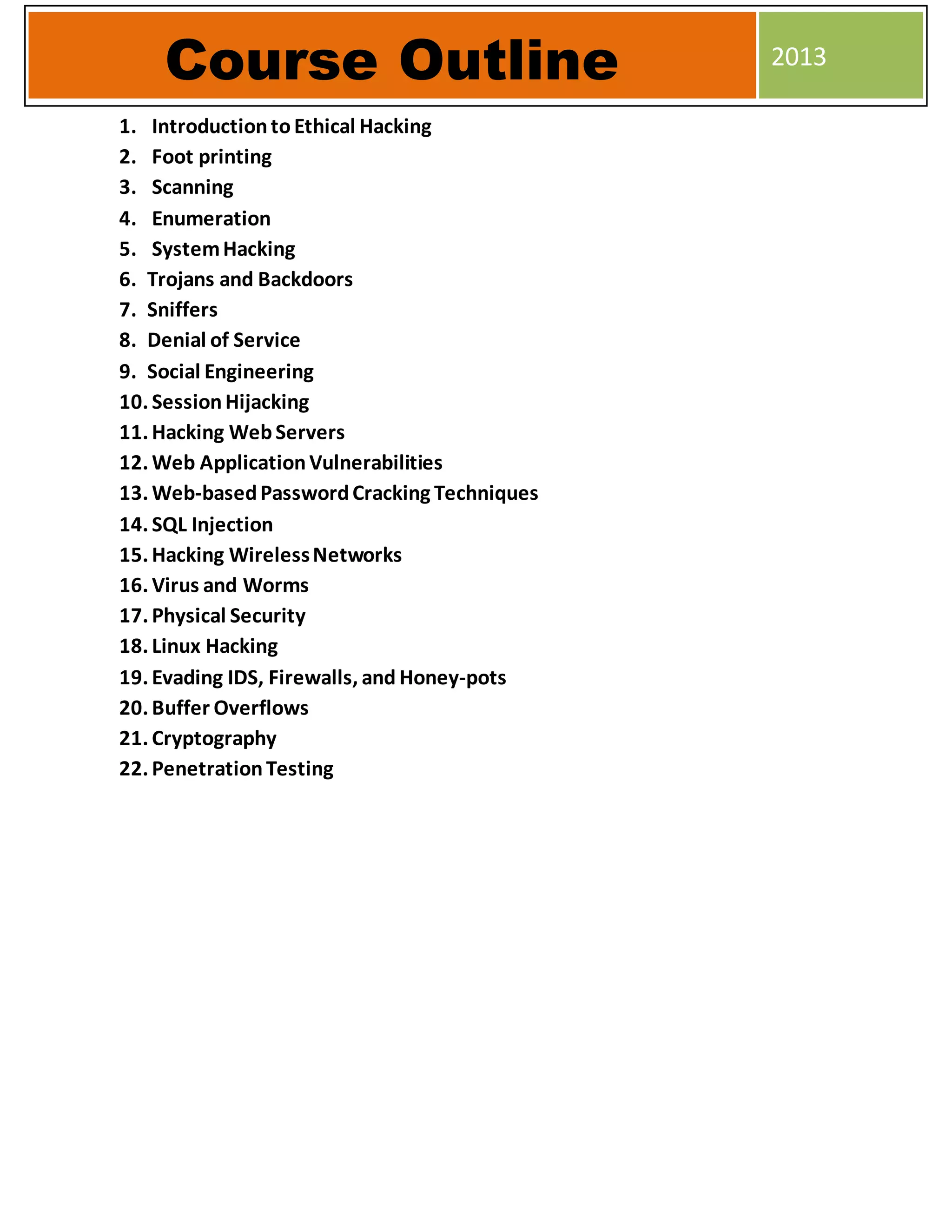 1. IntroductiontoEthical Hacking
2. Foot printing
3. Scanning
4. Enumeration
5. SystemHacking
6. Trojans and Backdoors
7. Sniffers
8. Denial of Service
9. Social Engineering
10. SessionHijacking
11. Hacking WebServers
12. Web ApplicationVulnerabilities
13. Web-basedPasswordCracking Techniques
14. SQL Injection
15. Hacking WirelessNetworks
16. Virus and Worms
17. Physical Security
18. Linux Hacking
19. Evading IDS, Firewalls, and Honey-pots
20. Buffer Overflows
21. Cryptography
22. PenetrationTesting
Course Outline 2013
 