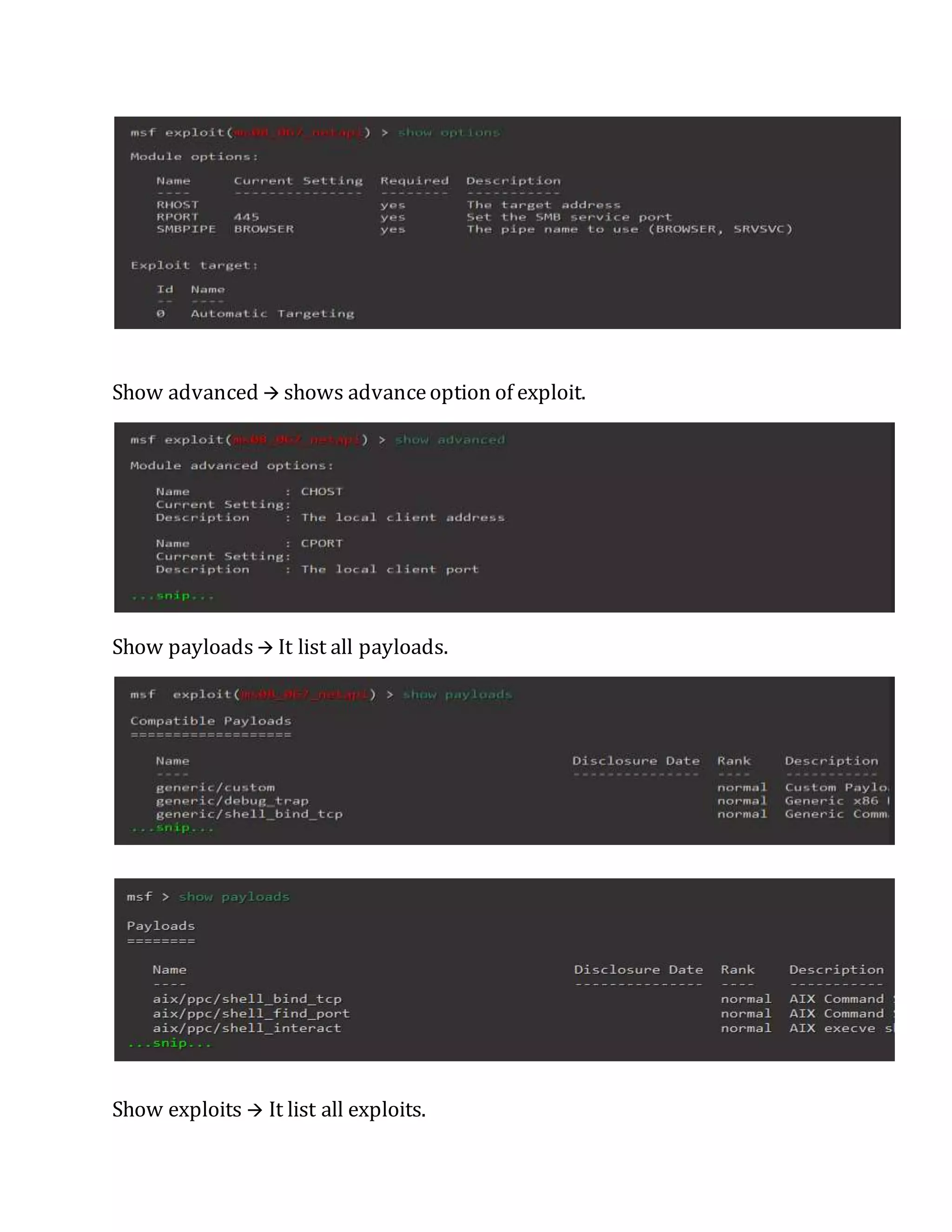 Show advanced  shows advanceoption of exploit.
Show payloads  It list all payloads.
Show exploits  It list all exploits.
 