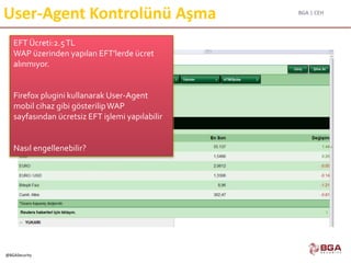 BGA | CEH
@BGASecurity
User-Agent Kontrolünü Aşma
EFT Ücreti:2.5TL
WAP üzerinden yapılan EFT’lerde ücret
alınmıyor.
Firefox plugini kullanarak User-Agent
mobil cihaz gibi gösterilipWAP
sayfasından ücretsiz EFT işlemi yapılabilir
Nasıl engellenebilir?
 