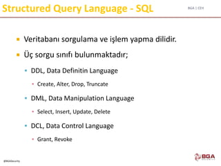 BGA | CEH
@BGASecurity
Structured Query Language - SQL
 Veritabanı sorgulama ve işlem yapma dilidir.
 Üç sorgu sınıfı bulunmaktadır;
 DDL, Data Definitin Language
▪ Create, Alter, Drop, Truncate
 DML, Data Manipulation Language
▪ Select, Insert, Update, Delete
 DCL, Data Control Language
▪ Grant, Revoke
 