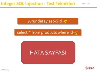 BGA | CEH
@BGASecurity
Integer SQL Injection - Test Teknikleri
/urundetay.aspx?id=5’
HATA SAYFASI
select * from products where id=5’
 