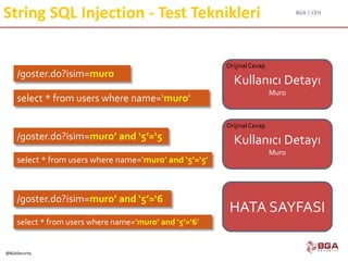 BGA | CEH
@BGASecurity
String SQL Injection - Test Teknikleri
/goster.do?isim=muro
select * from users where name=‘muro’
Kullanıcı Detayı
Muro
Orijinal Cevap
/goster.do?isim=muro’ and ‘5’=‘5
select * from users where name=‘muro’ and ‘5’=‘5’
HATA SAYFASI
/goster.do?isim=muro’ and ‘5’=‘6
Kullanıcı Detayı
Muro
Orijinal Cevap
select * from users where name=‘muro’ and ‘5’=‘6’
 