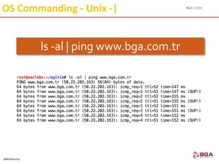 BGA | CEH
@BGASecurity
OS Commanding - Unix -|
ls -al | ping www.bga.com.tr
 