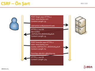 BGA | CEH
@BGASecurity
CSRF – Ön Şart
HTTP/1.1 200 OK
Set-Cookie:
.ASPXAUTH=78JDAA765462A
Content-Length: 55
…
POST /login.aspx HTTP/1.1
Host: www.banka.com
Content-Length: 55
username=usr&password=web
HTTP/1.1 200 OK
Content-Length: 324
…
POST /transfer.aspx HTTP/1.1
Host: www.banka.com
Cookie: ASPXAUTH= 78JDAA765462A
Content-Length: 62
fromHsp=1&mktr=5&toHsp=09
 