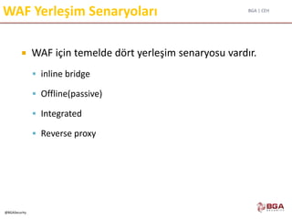 BGA | CEH
@BGASecurity
WAF Yerleşim Senaryoları
 WAF için temelde dört yerleşim senaryosu vardır.
 inline bridge
 Offline(passive)
 Integrated
 Reverse proxy
 