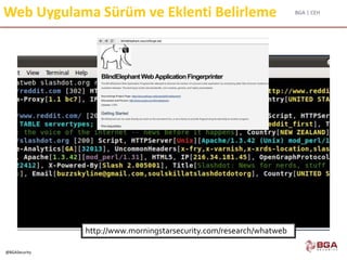 BGA | CEH
@BGASecurity
Web Uygulama Sürüm ve Eklenti Belirleme
http://www.morningstarsecurity.com/research/whatweb
 