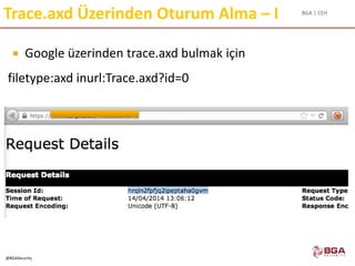 BGA | CEH
@BGASecurity
Trace.axd Üzerinden Oturum Alma – I
 Google üzerinden trace.axd bulmak için
filetype:axd inurl:Trace.axd?id=0
 
