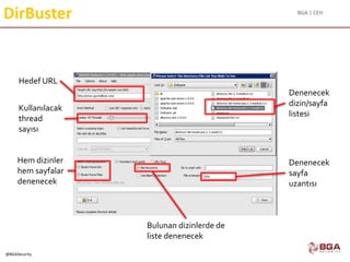 BGA | CEH
@BGASecurity
DirBuster
Hedef URL
Denenecek
dizin/sayfa
listesi
Denenecek
sayfa
uzantısı
Hem dizinler
hem sayfalar
denenecek
Bulunan dizinlerde de
liste denenecek
Kullanılacak
thread
sayısı
 