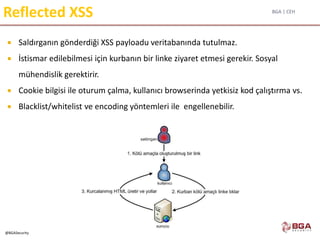 BGA | CEH
@BGASecurity
Reflected XSS
 Saldırganın gönderdiği XSS payloadu veritabanında tutulmaz.
 İstismar edilebilmesi için kurbanın bir linke ziyaret etmesi gerekir. Sosyal
mühendislik gerektirir.
 Cookie bilgisi ile oturum çalma, kullanıcı browserinda yetkisiz kod çalıştırma vs.
 Blacklist/whitelist ve encoding yöntemleri ile engellenebilir.
 