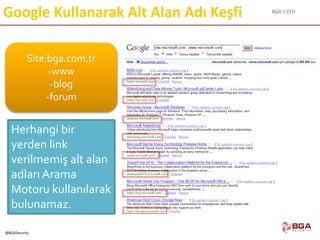 BGA | CEH
@BGASecurity
Google Kullanarak Alt Alan Adı Keşfi
Site:bga.com.tr
-www
-blog
-forum
Herhangi bir
yerden link
verilmemiş alt alan
adları Arama
Motoru kullanılarak
bulunamaz.
 