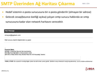 BGA | CEH
@BGASecurity
SMTP Üzerinden Ağ Haritası Çıkarma
 Hedef sistemin e-posta sunucusuna bir e-posta gönderilir (olmayan bir adrese)
 Gelecek cevap(bounce özelliği açıksa) çalışan smtp sunucu hakkında ve smtp
sunucusuna kadar olan network haritasını verecektir.
 