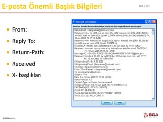 BGA | CEH
@BGASecurity
E-posta Önemli Başlık Bilgileri
 From:
 Reply To:
 Return-Path:
 Received
 X- başlıkları
 