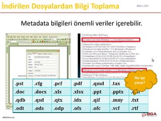 BGA | CEH
@BGASecurity
İndirilen Dosyalardan Bilgi Toplama
Metadata bilgileri önemli veriler içerebilir.
Ne işe
yarar?
 