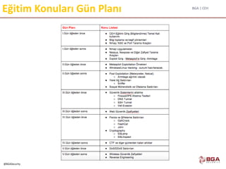BGA | CEH
@BGASecurity
Eğitim Konuları Gün Planı
 