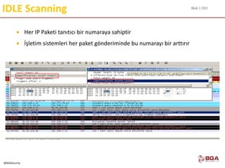 BGA | CEH
@BGASecurity
IDLE Scanning
 Her IP Paketi tanıtıcı bir numaraya sahiptir
 İşletim sistemleri her paket gönderiminde bu numarayı bir arttırır
 