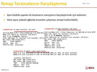 BGA | CEH
@BGASecurity
Nmap Taramalarını Karşılaştırma
 Aynı hedefe yapılan iki taramanın sonuçlarını karşılaştırmak için kullanılır.
 Host sayısı yüksek ağlarda envanter çalışması amaçlı kullanılabilir.
 