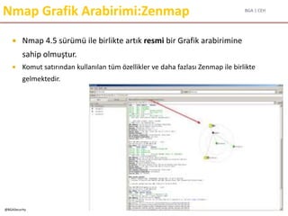 BGA | CEH
@BGASecurity
Nmap Grafik Arabirimi:Zenmap
 Nmap 4.5 sürümü ile birlikte artık resmi bir Grafik arabirimine
sahip olmuştur.
 Komut satırından kullanılan tüm özellikler ve daha fazlası Zenmap ile birlikte
gelmektedir.
 