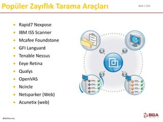 BGA | CEH
@BGASecurity
Popüler Zayıflık Tarama Araçları
 Rapid7 Nexpose
 IBM ISS Scanner
 Mcafee Foundstone
 GFI Languard
 Tenable Nessus
 Eeye Retina
 Qualys
 OpenVAS
 Ncircle
 Netsparker (Web)
 Acunetix (web)
 