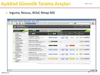 BGA | CEH
@BGASecurity
AçıkKod Güvenlik Tarama Araçları
 Inguma, Nessus, W3af, Nmap NSE
 