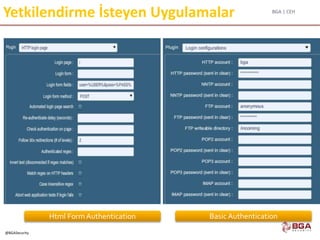 BGA | CEH
@BGASecurity
Yetkilendirme İsteyen Uygulamalar
Basic AuthenticationHtml FormAuthentication
 