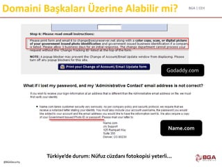 BGA | CEH
@BGASecurity
Domaini Başkaları Üzerine Alabilir mi?
Name.com
Godaddy.com
Türkiye’de durum: Nüfuz cüzdanı fotokopisi yeterli...
 