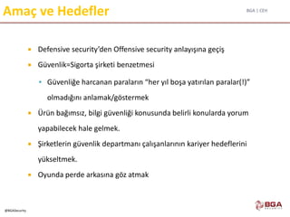 BGA | CEH
@BGASecurity
 Defensive security’den Offensive security anlayışına geçiş
 Güvenlik=Sigorta şirketi benzetmesi
 Güvenliğe harcanan paraların “her yıl boşa yatırılan paralar(!)”
olmadığını anlamak/göstermek
 Ürün bağımsız, bilgi güvenliği konusunda belirli konularda yorum
yapabilecek hale gelmek.
 Şirketlerin güvenlik departmanı çalışanlarının kariyer hedeflerini
yükseltmek.
 Oyunda perde arkasına göz atmak
Amaç ve Hedefler
 
