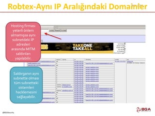 BGA | CEH
@BGASecurity
Robtex-Aynı IP Aralığındaki Domainler
Hosting firması
yeterli önlem
almamışsa aynı
subnetdeki IP
adresleri
arasında MITM
saldırıları
yapılabilir.
Saldırganın aynı
subnette olması
tüm subnetteki
sistemleri
hacklemesini
sağlayabilir.
 