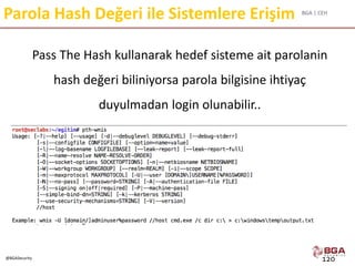 BGA | CEH
@BGASecurity
Parola Hash Değeri ile Sistemlere Erişim
Pass The Hash kullanarak hedef sisteme ait parolanin
hash değeri biliniyorsa parola bilgisine ihtiyaç
duyulmadan login olunabilir..
120
 