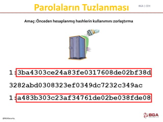 BGA | CEH
@BGASecurity
Parolaların Tuzlanması
Amaç: Önceden hesaplanmış hashlerin kullanımını zorlaştırma
 