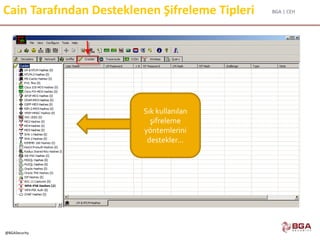 BGA | CEH
@BGASecurity
Cain Tarafından Desteklenen Şifreleme Tipleri
Sık kullanılan
şifreleme
yöntemlerini
destekler...
 