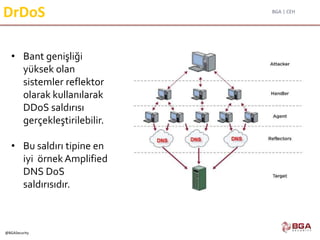 BGA | CEH
@BGASecurity
DrDoS
• Bant genişliği
yüksek olan
sistemler reflektor
olarak kullanılarak
DDoS saldırısı
gerçekleştirilebilir.
• Bu saldırı tipine en
iyi örnek Amplified
DNS DoS
saldırısıdır.
 