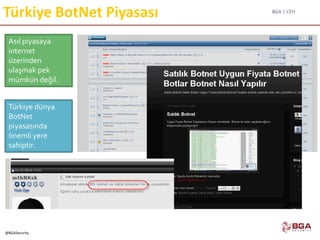 BGA | CEH
@BGASecurity
Türkiye BotNet Piyasası
Asıl piyasaya
internet
üzerinden
ulaşmak pek
mümkün değil.
Türkiye dünya
BotNet
piyasasında
önemli yere
sahiptir.
 