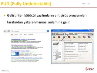 BGA | CEH
@BGASecurity
FUD (Fully Undetectable)
 Geliştirilen kötücül yazılımların antivirüs programları
tarafından yakalanmaması anlamına gelir.
 