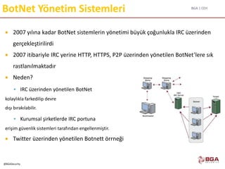 BGA | CEH
@BGASecurity
BotNet Yönetim Sistemleri
 2007 yılına kadar BotNet sistemlerin yönetimi büyük çoğunlukla IRC üzerinden
gerçekleştirilirdi
 2007 itibariyle IRC yerine HTTP, HTTPS, P2P üzerinden yönetilen BotNet’lere sık
rastlanılmaktadır
 Neden?
 IRC üzerinden yönetilen BotNet
kolaylıkla farkedilip devre
dışı bırakılabilir.
 Kurumsal şirketlerde IRC portuna
erişim güvenlik sistemleri tarafından engellenmiştir.
 Twitter üzerinden yönetilen Botnett örrneği
 
