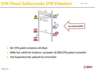 BGA | CEH
@BGASecurity
SYN Flood Saldırısında SYN Paketleri
 Bir SYN paketi ortalama 65 Byte
 8Mb hat sahibi bir kullanıcı saniyede 16.000 SYN paketi üretebilir.
 Hat kapasitesinde upload hızı önemlidir
120 saniye bekler
 