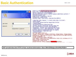 BGA | CEH
@BGASecurity
Basic Authentication
GET /private/index.html HTTP/1.0 Host: localhost Authorization: Basic QWxhZGRpbjpvcGVuIHNlc2FtZQ==
 