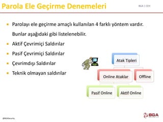 BGA | CEH
@BGASecurity
Parola Ele Geçirme Denemeleri
 Parolayı ele geçirme amaçlı kullanılan 4 farklı yöntem vardır.
Bunlar aşağıdaki gibi listelenebilir.
 Aktif Çevrimiçi Saldırılar
 Pasif Çevrimiçi Saldırılar
 Çevrimdışı Saldırılar
 Teknik olmayan saldırılar
 